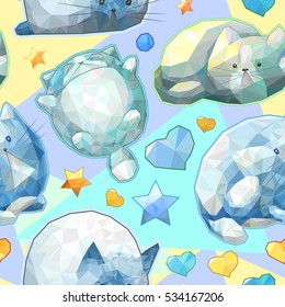 Funny vector cat seamless pattern, colorful cartoon cute background, polygon art