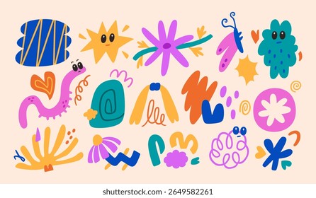 Funny vector character and abstract element collection. Trendy groovy character with colorful and abstract design for background, sticker, print. Hand drawn cute doodle illustration.