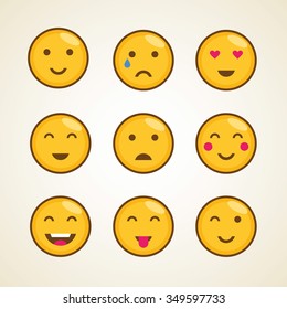 Funny vector character cartoon yellow smiley emoji face emoticons icon symbol template set. 