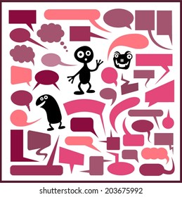 Funny vector characters with set of speech bubbles. 