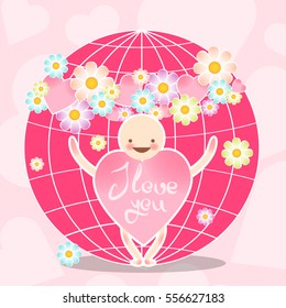 Funny vector characters. A smiling man with the body of a heart of pink color and pink globe with a wreath of flowers. Vector greeting on Valentine's Day.