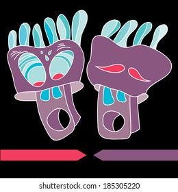 Funny vector characters that you can use in T-shirts, labels, postcards. Series monsters and queens with crowns fantastic animals.Cards congratulations and prints.