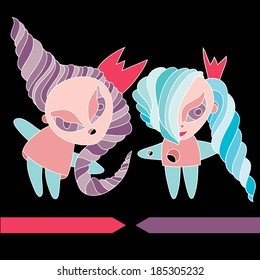 Funny vector characters that you can use in T-shirts, labels, postcards. Series monsters and queens with crowns fantastic animals.Cards congratulations and prints.