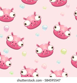 Funny vector childish seamless pattern with crazy pig faces. Comic texture.