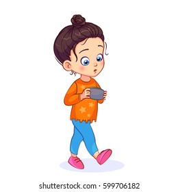 Funny vector children's illustration of cute girl playing on a portable game console, not looking at her feet.