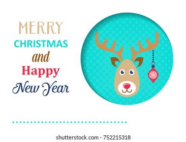 Funny vector christmas card with cartoon reindeer face