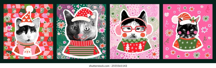 Funny vector Christmas greeting cards with hipster collage cats with ugly sweaters, hats and scarves for holiday graphic design