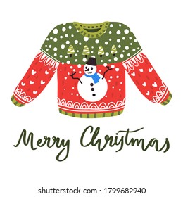 Funny vector Christmas sweater with Snowman on red background with green fir trees as ornament. Isolated with hand drawn lettering.