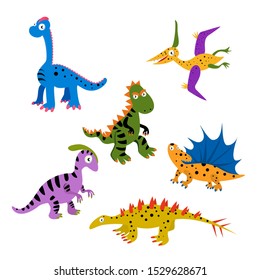 Funny vector collection of dinosaurs. Pteranodon, dimetrodon, brachiosaurus, parasaurolophus, dacentrurus, tyrannosaur Ideal for kids print textile