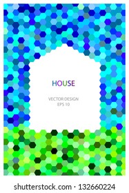 funny vector colorful concept with house icon, lawn and blue sky made of symmetrical hexagonal shapes with place for your text isolated on white background