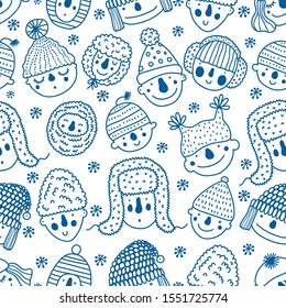 Funny vector coloring seamless pattern with faces of people in winter hats.