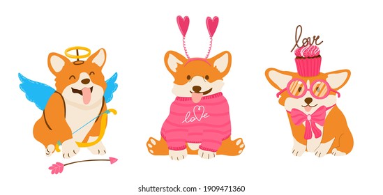 Funny vector corgis for Valentine Day. Amour dog with wings and arrows. Pets in pink sweater and bow with cupcakes.
