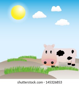 Funny vector cow in the meadow illustration