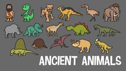 Funny Vector Cute Ancient Animal  Icon Set. Ice Age Stickers. Dinosaur Web Element Characters. 