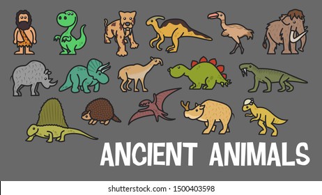 Funny vector cute ancient animal  icon set. Ice age stickers. Dinosaur web element characters. 