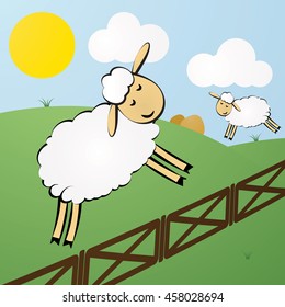 Funny vector cute cartoon white ship jumps over the fence. Green meadow background