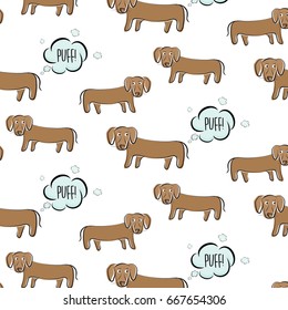 Funny vector dachshund illustration. Dog fart with surprised face. Cartoon puppy making gas, bad smell humor print. Ugly small domestic pet figure