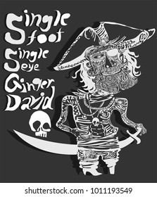 funny vector decorative style pirate character with long Beard and Mustache, Big hat, pirate Clothes and tattoos 
