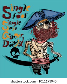 funny vector decorative style pirate character with long Beard and Mustache, Big hat, pirate Clothes and tattoos 
