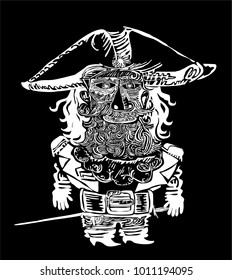 funny vector decorative style pirate character with long Beard and Mustache, Big hat, pirate Clothes and tattoos 
