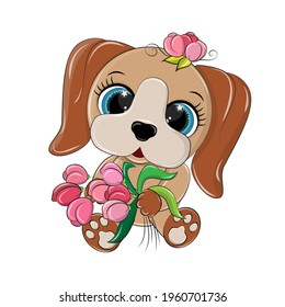 A funny vector dog with a bouquet of tulips in its paws, as well as a beautiful pink flower on its head. The clip art is made in a cartoon style and will look beautiful on children's products. 