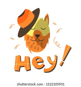 Funny vector dog wearing hat illustration. Hand drawn cartoon animal neb with hey word