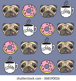 Funny vector dogs pug bulldog puppies seamless pattern donut coffee background. Vector outline stock graphics. Suitable for clothes, accessories

