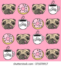 funny vector dogs pug puppies pattern donut coffee background