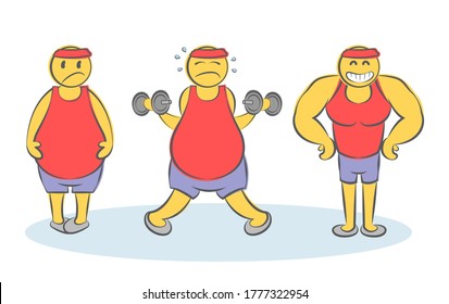 Funny vector doodle concept of Before & After Body Transformation. Weight loss and a healthy body. Sad cartoon fat man starts workout.