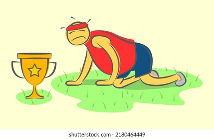 Funny vector doodle concept of Tired runner. Weight loss and a healthy body. Sad cartoon fat man starts workout.