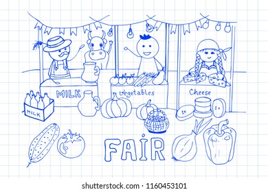 Funny vector doodle event poster on notebook page. Farmers' market, street food festival and country fair. 