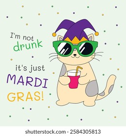 Funny vector doodle, festive cute cat with Mardi Gras text. Mardi Gras funny artwork, doodle character in colorful outfit