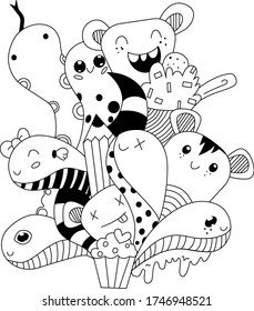 Funny vector doodle illustration. Black and white drawings are drawn by a contour on a white background, coloring book for children.