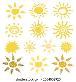 Funny vector doodle suns. Hand drawn set.