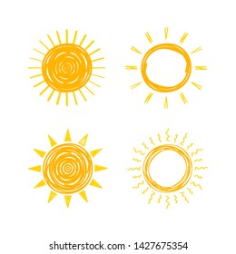 Funny vector doodle suns. Hand drawn set. Vector stock illustration.