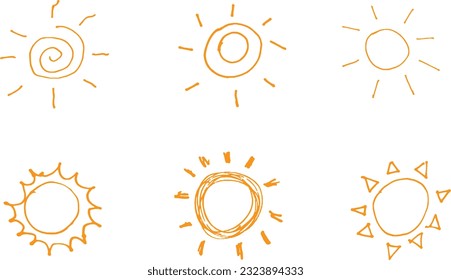 Funny vector doodle suns. Hand drawn set. Hand drawing sunny illustration vector. 