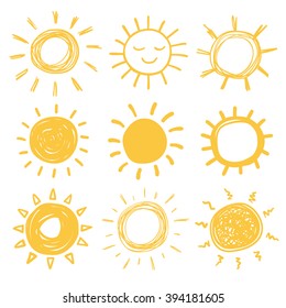 Funny vector doodle suns. Hand drawn set.