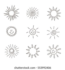 Funny vector doodle suns. Hand drawn set.