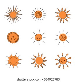 Funny vector doodle suns. Hand drawn set.