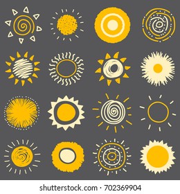 Funny vector doodle suns. Hand drawn set. Flat illustration