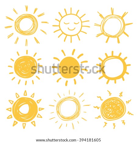 Funny vector doodle suns. Hand drawn set.