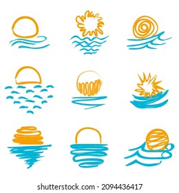  Funny vector doodle suns. Vector icon set of sun and sea. Hand drawn design elements. Funny vector doodle suns. Vector stock illustration.Summer Holiday