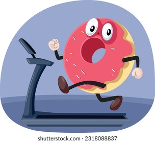 
Funny Vector Doughnut Character Running on a Treadmill for Weight Loss. Funny dessert mascot running and exercising  
