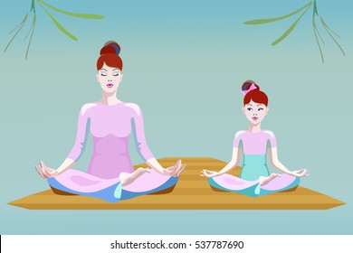 Funny vector drawing family (mom and cute daughter) yoga exercise lotus pose on the beach, nature and lifestyle, abstract illustration of sports pattern. Cartoon funny parent and baby prints,