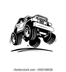 funny vector drawing of offroad car that overcomes off road