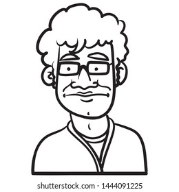 funny vector drawing of a young man with curly hair and glasses looking confusedly into the camera. black and white, outline, comic, doodle, sketch, face.