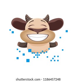 funny vector eared yak buffalo bison mascot with pixels, computer icon, character isolated on white background, emoticon geek, eps 10 big white-toothed smile
