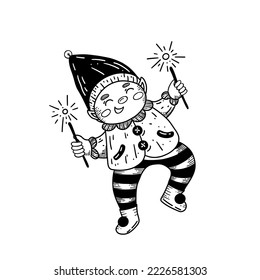 Funny vector elf with sparkles in his hands. He is happy to greeting Christmas holiday.