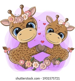 Funny vector family of giraffes. An illustration of a mother and a baby giraffe, they are sitting in flowers, you can see from their faces that they are very friendly.