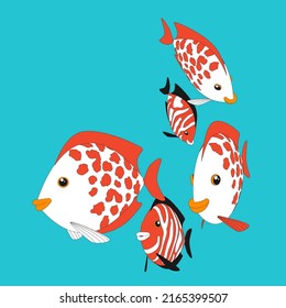 Peces vectoriales divertidos. Una bandada de peces marinos nada. Vector